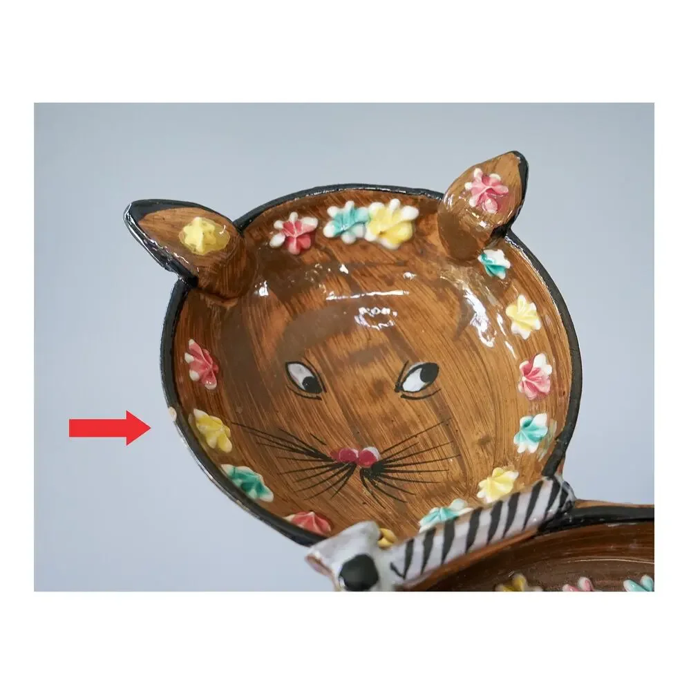 VTG 60s Elbee Italy Ceramic Cat Kitten Flower Tray Bowl Atomic Cottagecore